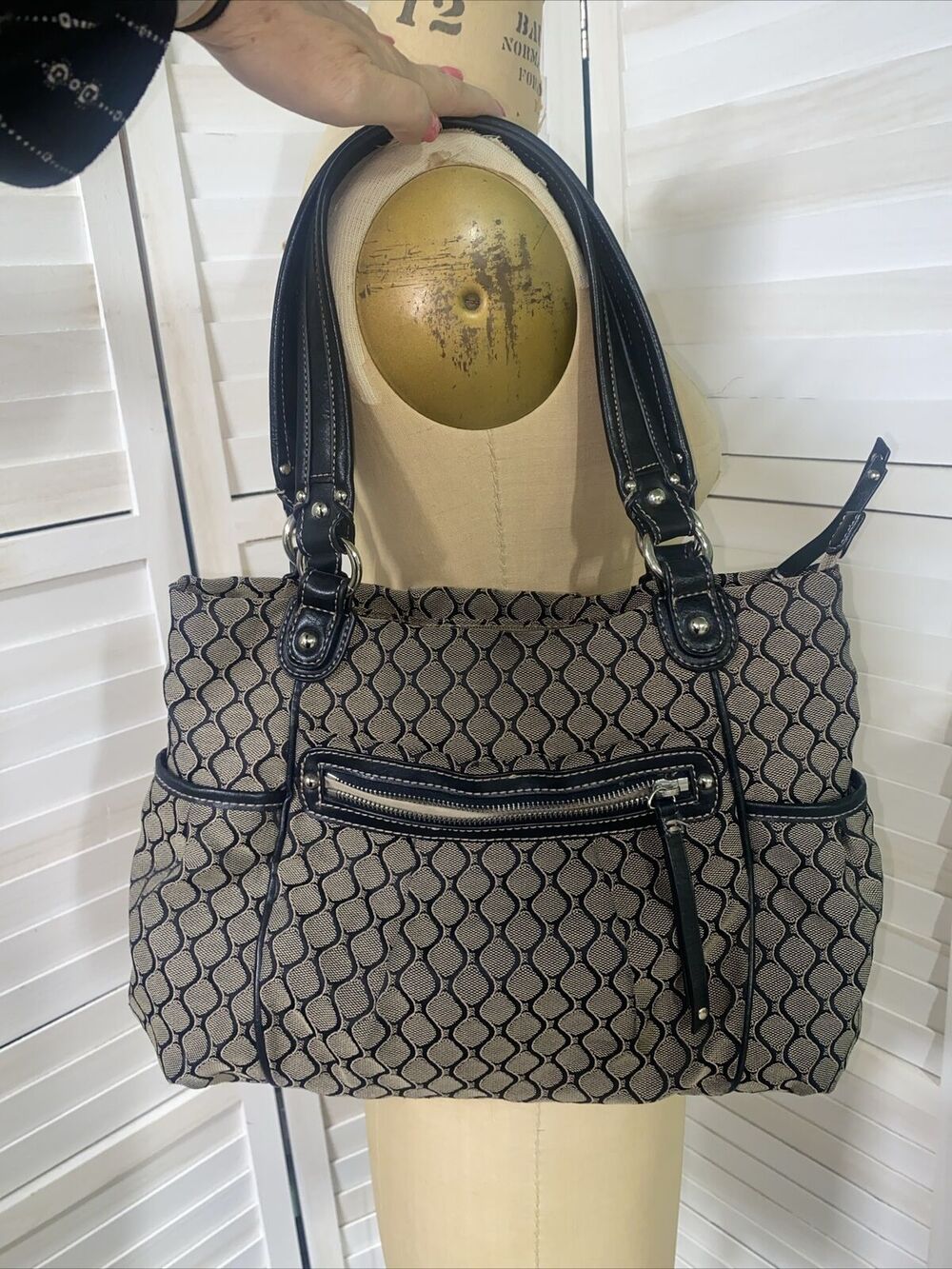 NINE WEST NINE & CO Purse Tote Black Gray Pattern Canvas Double Top Handle